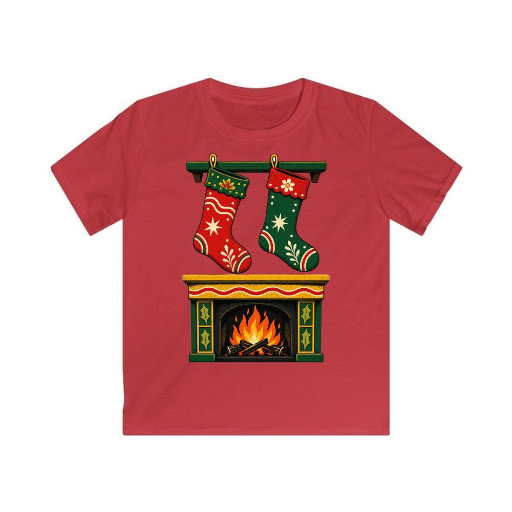 Stockings Above the Fireplace personalised kids Christmas tee in red