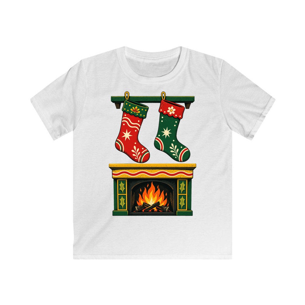Stockings Above the Fireplace personalised kids Christmas tee in white