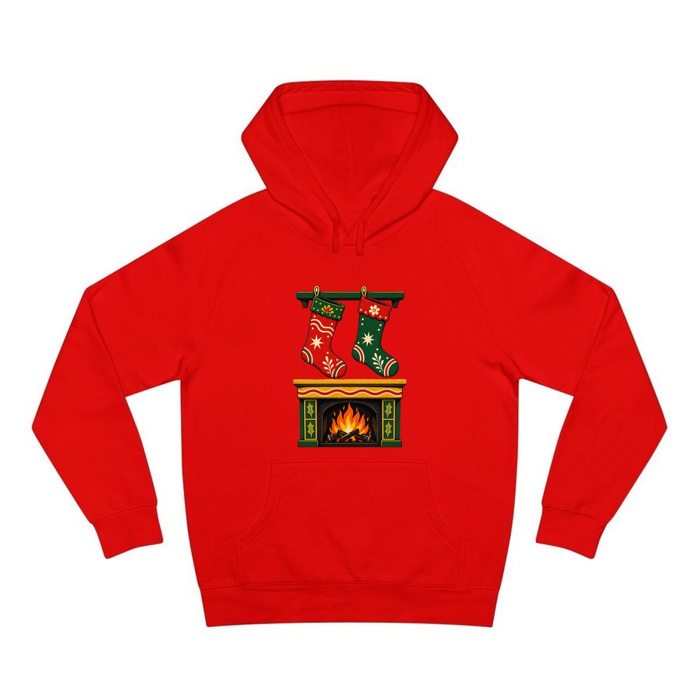 Stockings Above the Fireplace personalised Christmas hoodie in red