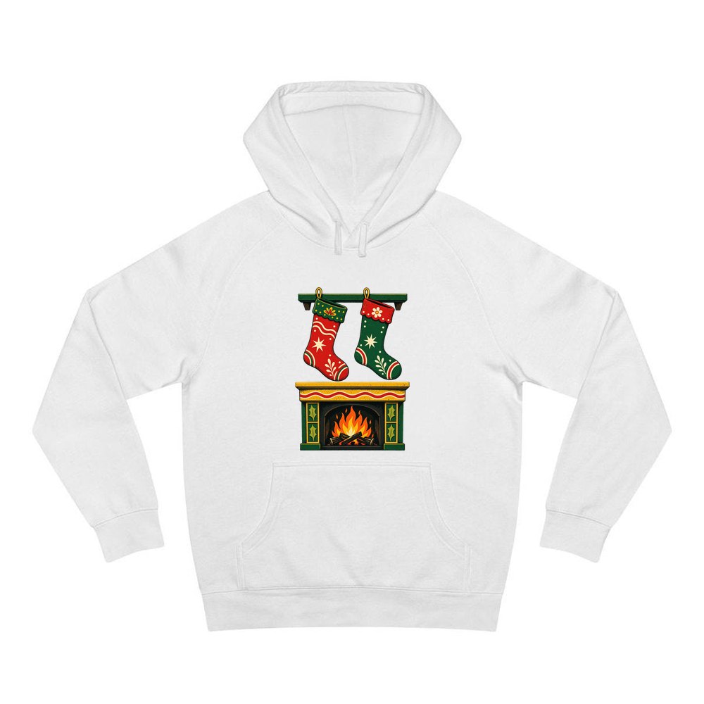 Stockings Above the Fireplace personalised Christmas hoodie in white
