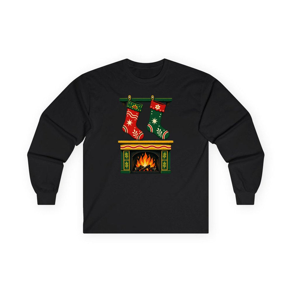 Stockings Above the Fireplace personalised long sleeve Christmas T-shirt in black