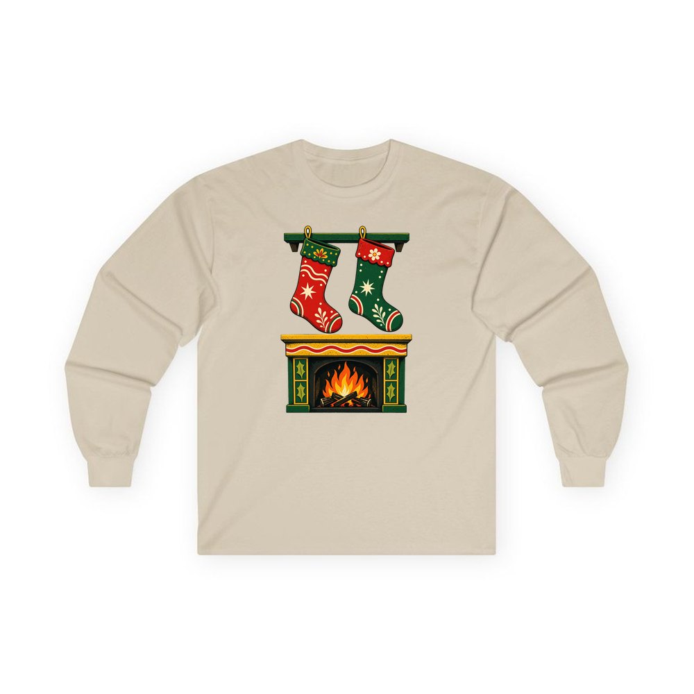 Stockings Above the Fireplace personalised long sleeve Christmas T-shirt in sand