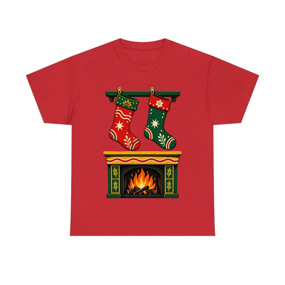 Stockings Above the Fireplace personalised Christmas T-shirt in red