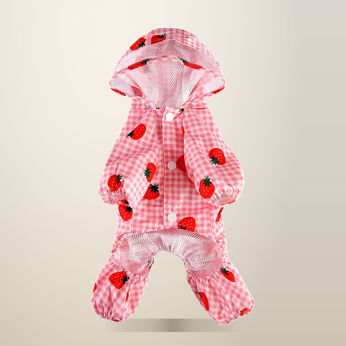 Strawberry Checkered Pet Raincoat, Sizes XS to XL, on a plain cream background