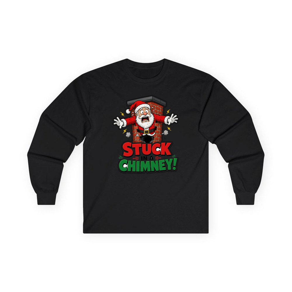 Stuck in a Chimney personalised long sleeve Christmas T-shirt in black