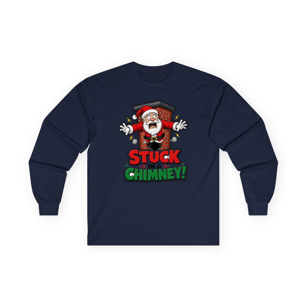 Stuck in a Chimney personalised long sleeve Christmas T-shirt in navy