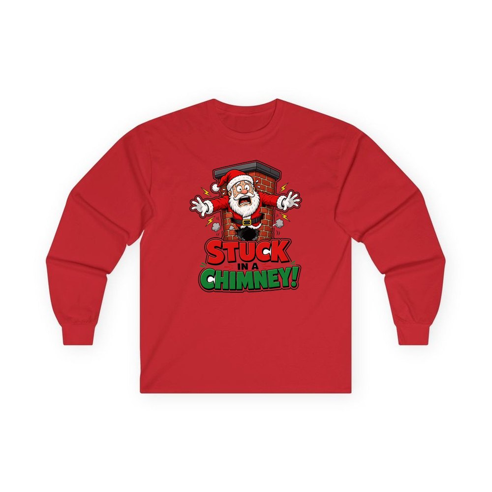 Stuck in a Chimney personalised long sleeve Christmas T-shirt in red