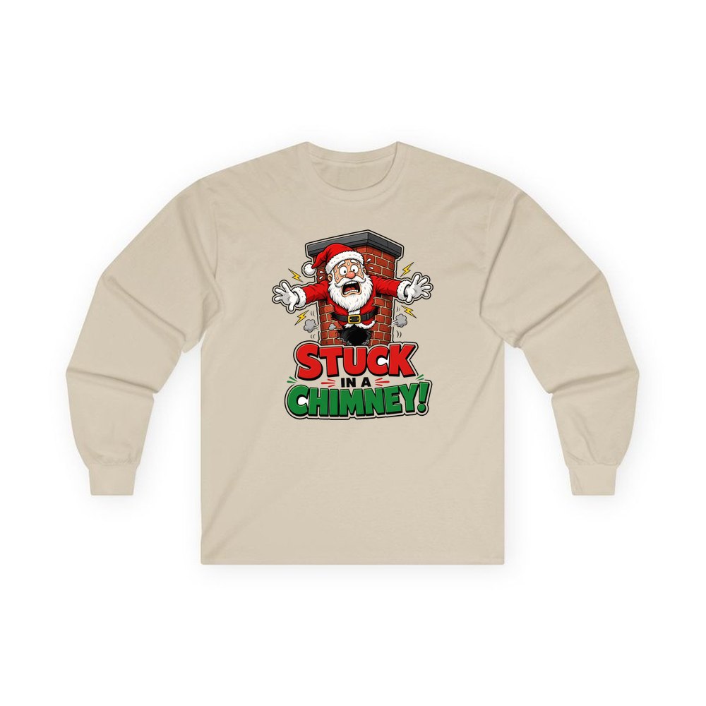 Stuck in a Chimney personalised long sleeve Christmas T-shirt in sand