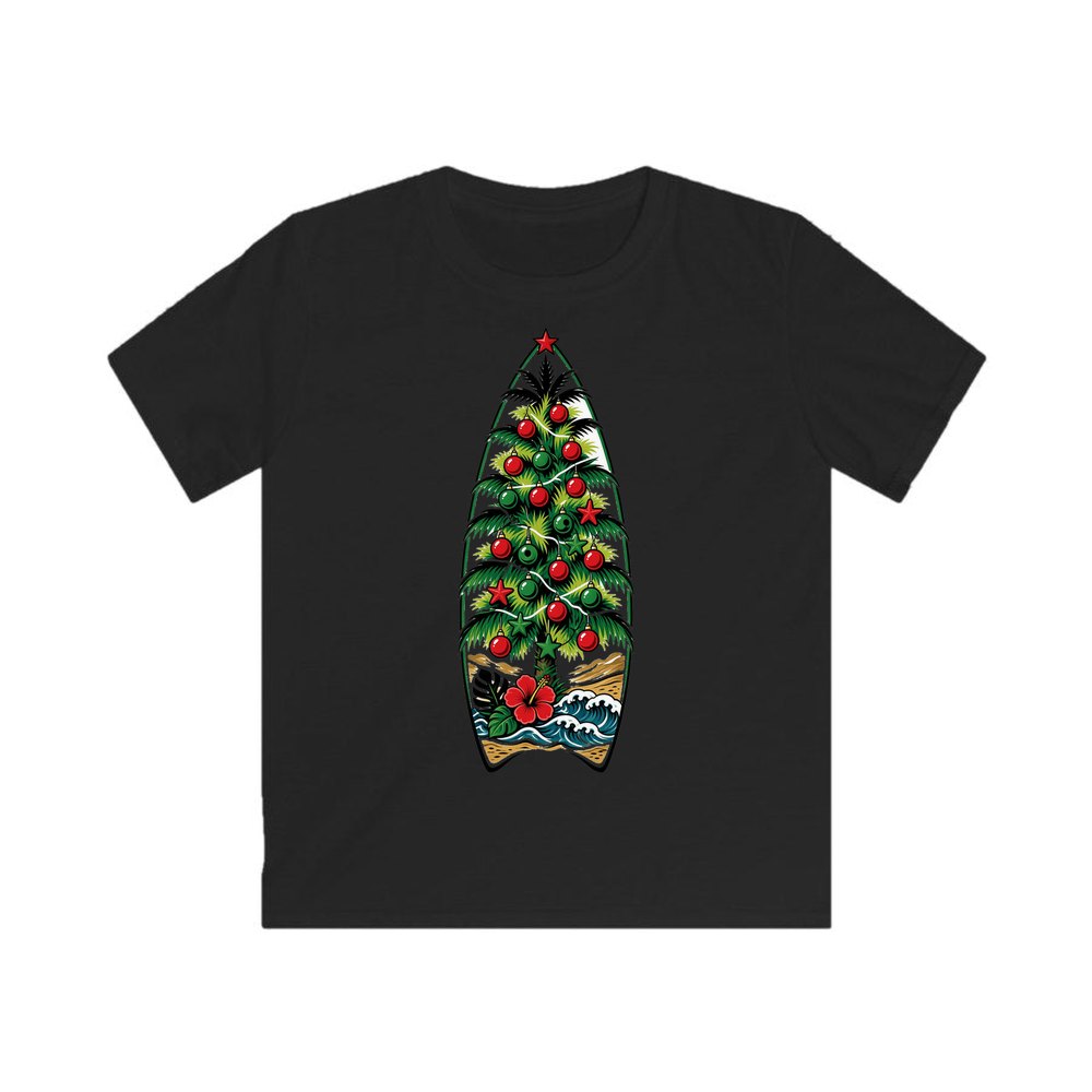Surfboard Christmas Tree personalised kids Christmas tee in black