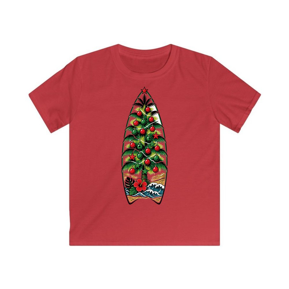 Surfboard Christmas Tree personalised kids Christmas tee in red