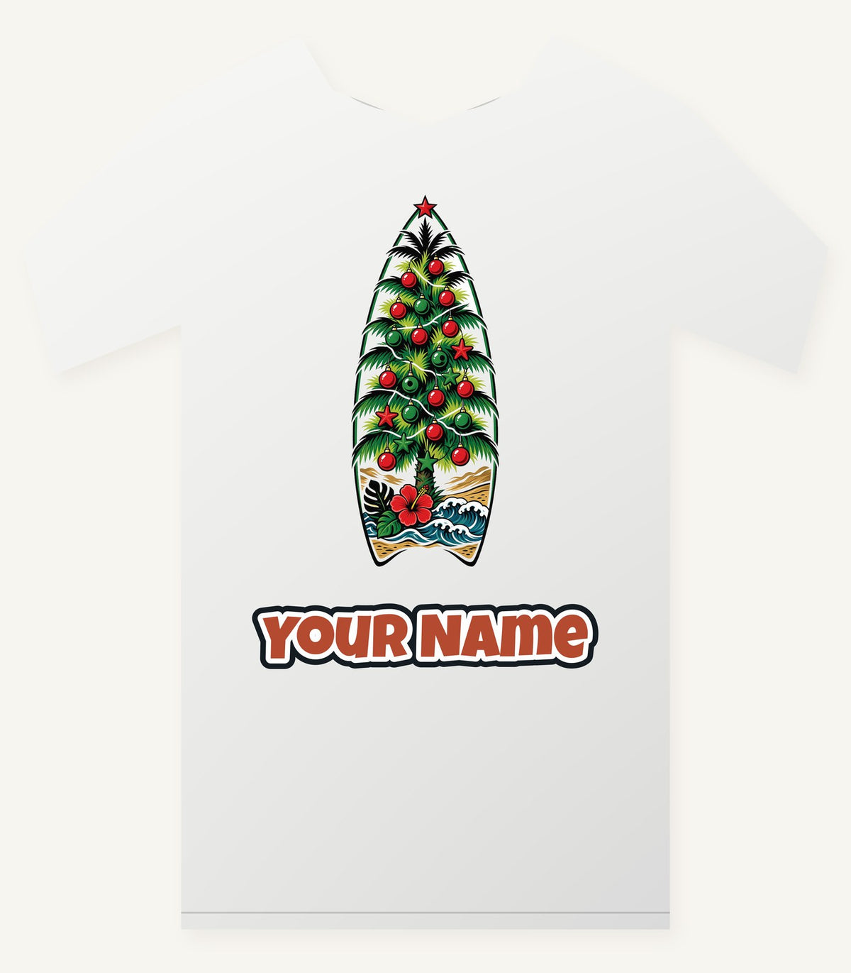 Surfboard Christmas Tree personalised Christmas T-shirt with the design and a name printed on the front