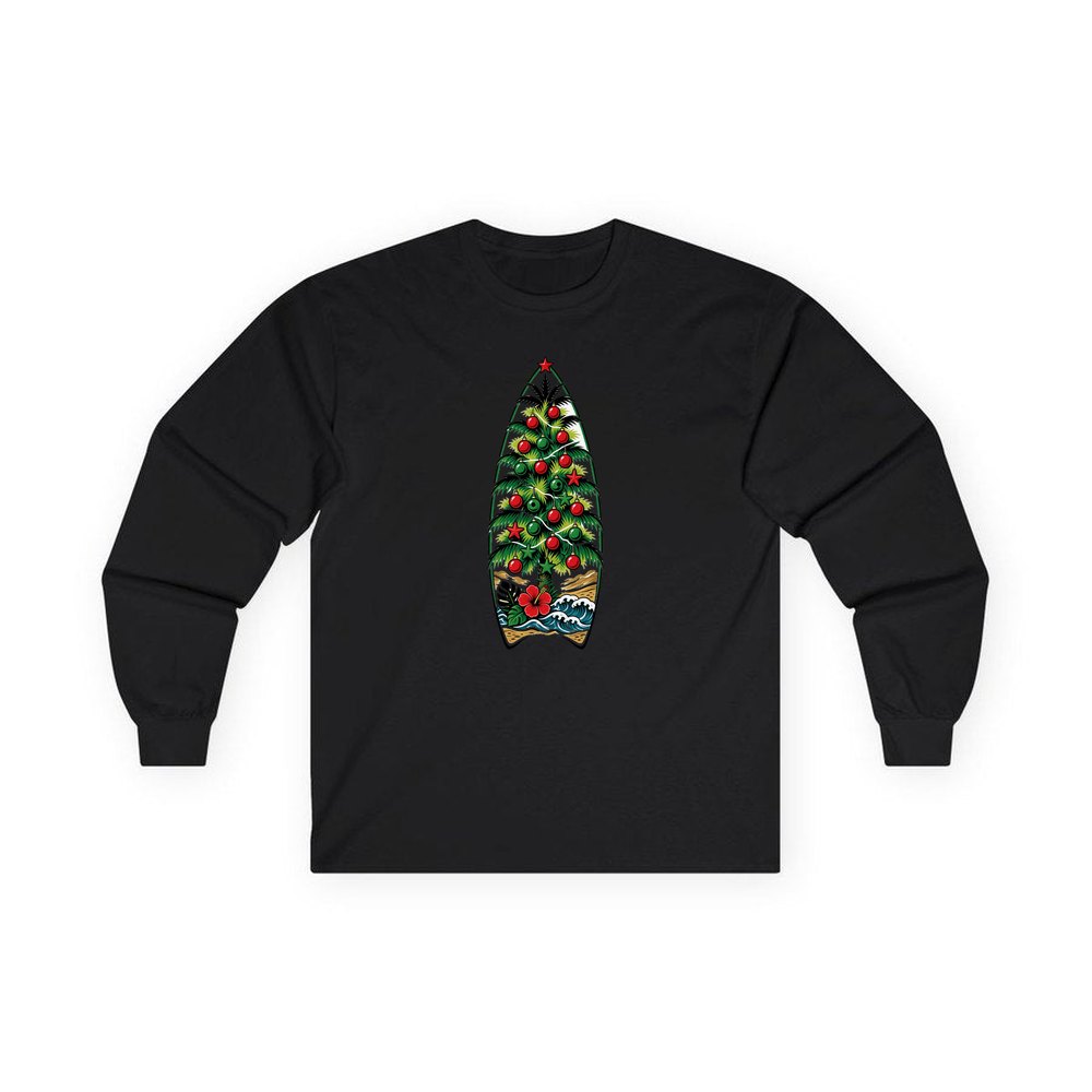 Surfboard Christmas Tree personalised long sleeve Christmas T-shirt in black