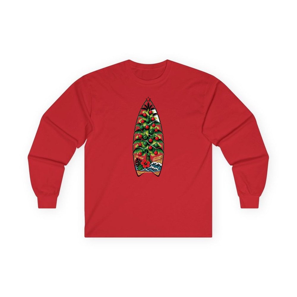 Surfboard Christmas Tree personalised long sleeve Christmas T-shirt in red