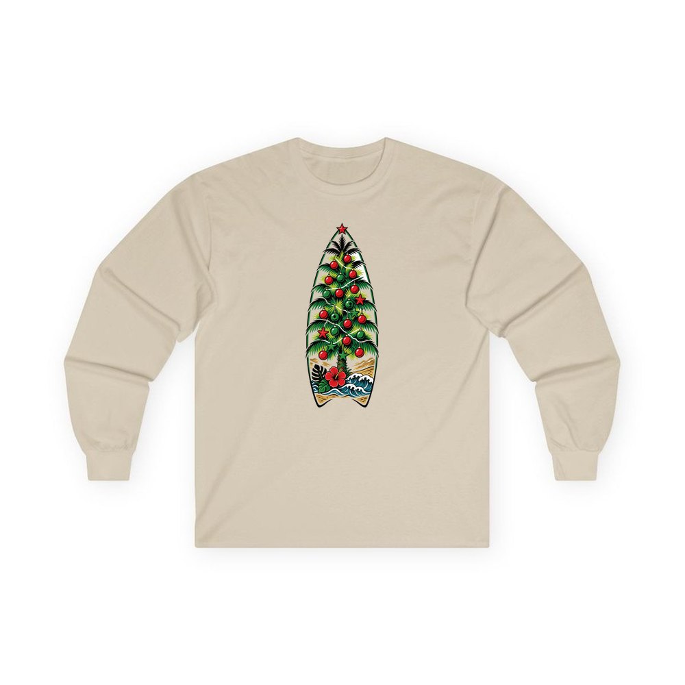 Surfboard Christmas Tree personalised long sleeve Christmas T-shirt in sand