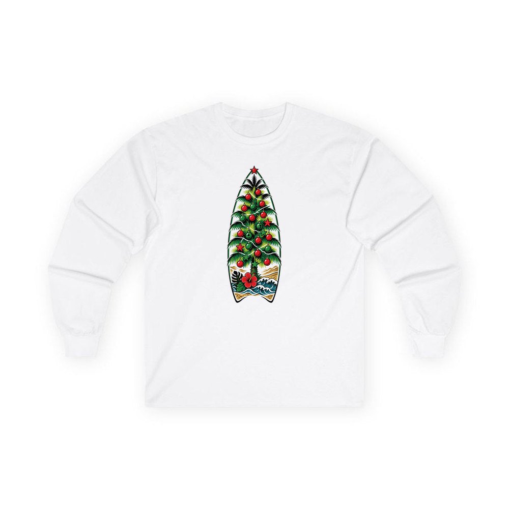 Surfboard Christmas Tree personalised long sleeve Christmas T-shirt in white