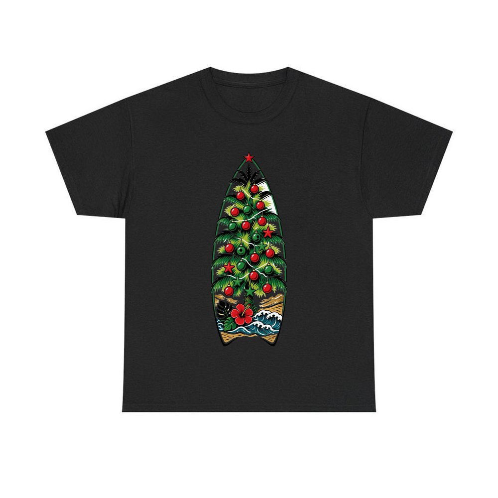 Surfboard Christmas Tree personalised Christmas T-shirt in black