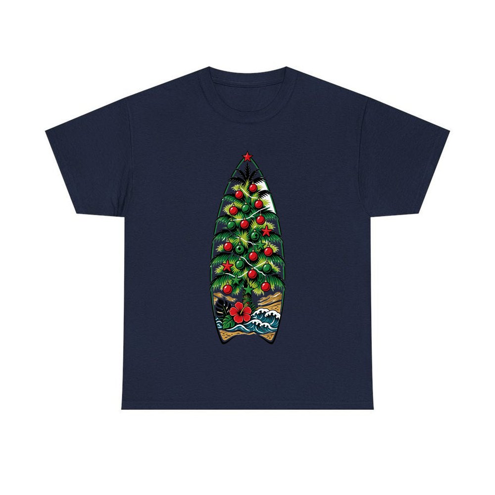 Surfboard Christmas Tree personalised Christmas T-shirt in navy