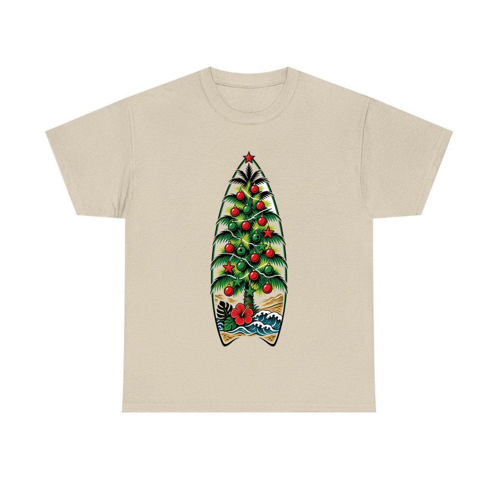 Surfboard Christmas Tree personalised Christmas T-shirt in sand