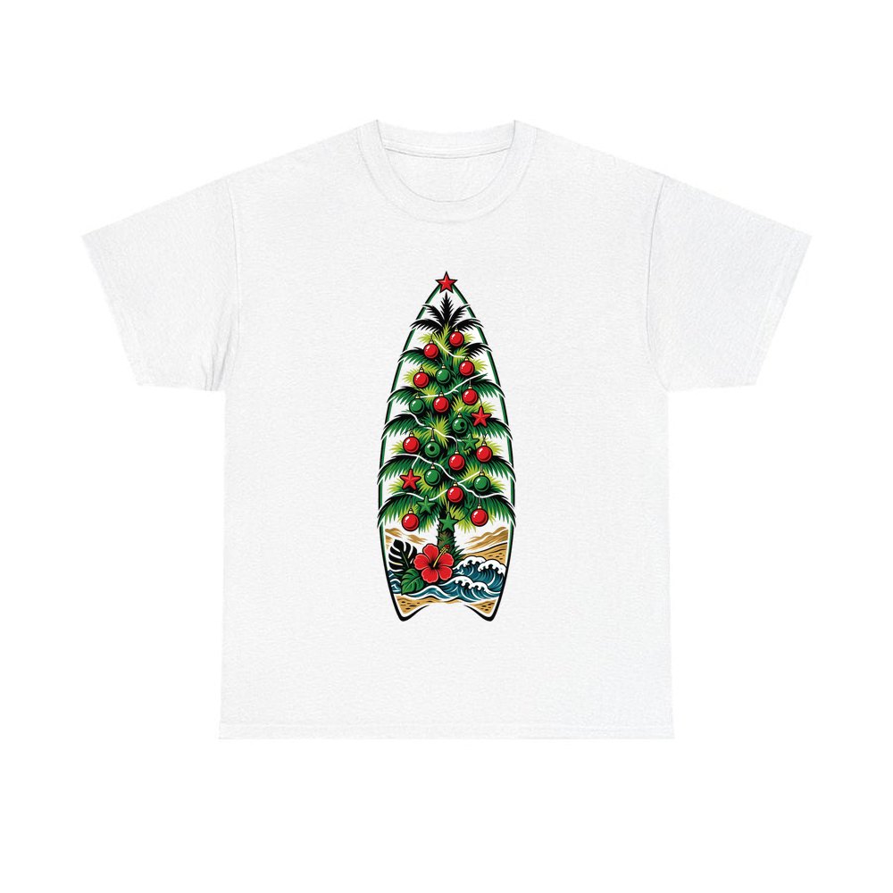 Surfboard Christmas Tree personalised Christmas T-shirt in white
