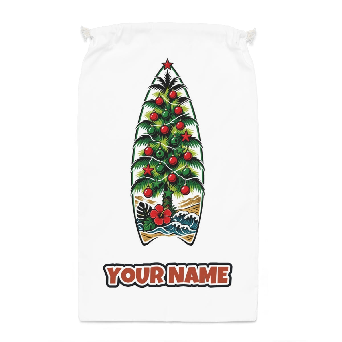 Surfboard Christmas Tree Santa sack laid flat, showing the full print
