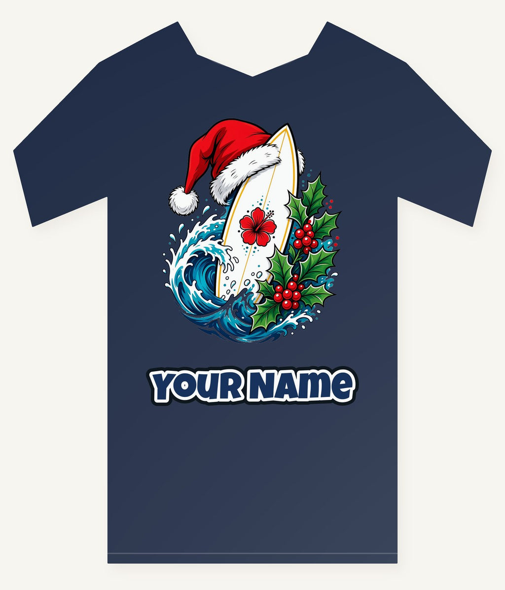 Surfboard in a Santa Hat Personalised Kids Tee and Baby Bodysuit