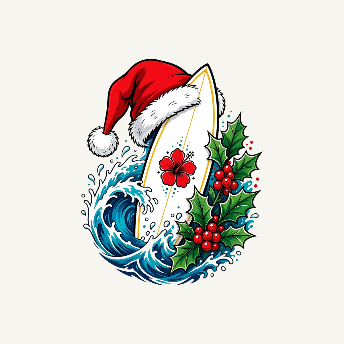 Surfboard in a Santa Hat Personalised Kids Tee and Baby Bodysuit