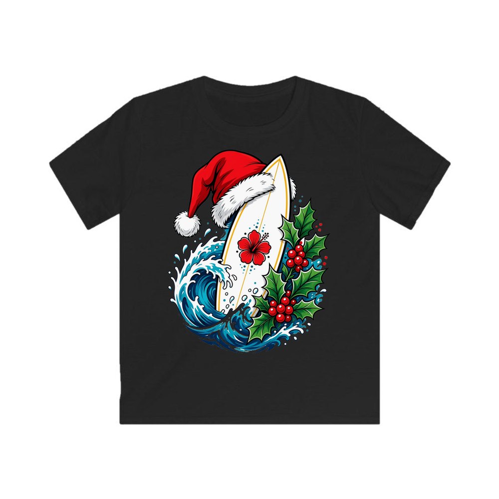 Surfboard in a Santa Hat personalised kids Christmas tee in black