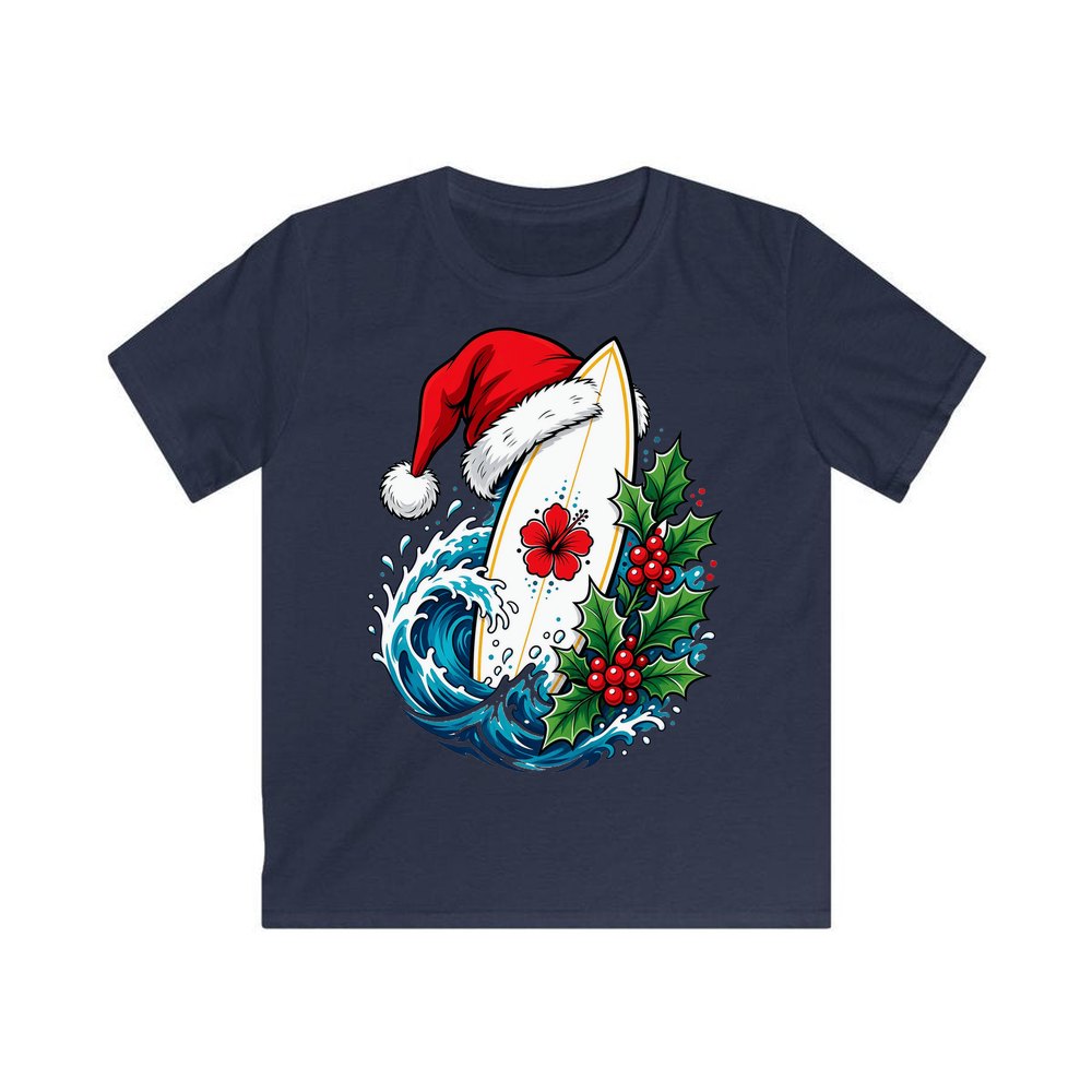 Surfboard in a Santa Hat personalised kids Christmas tee in navy