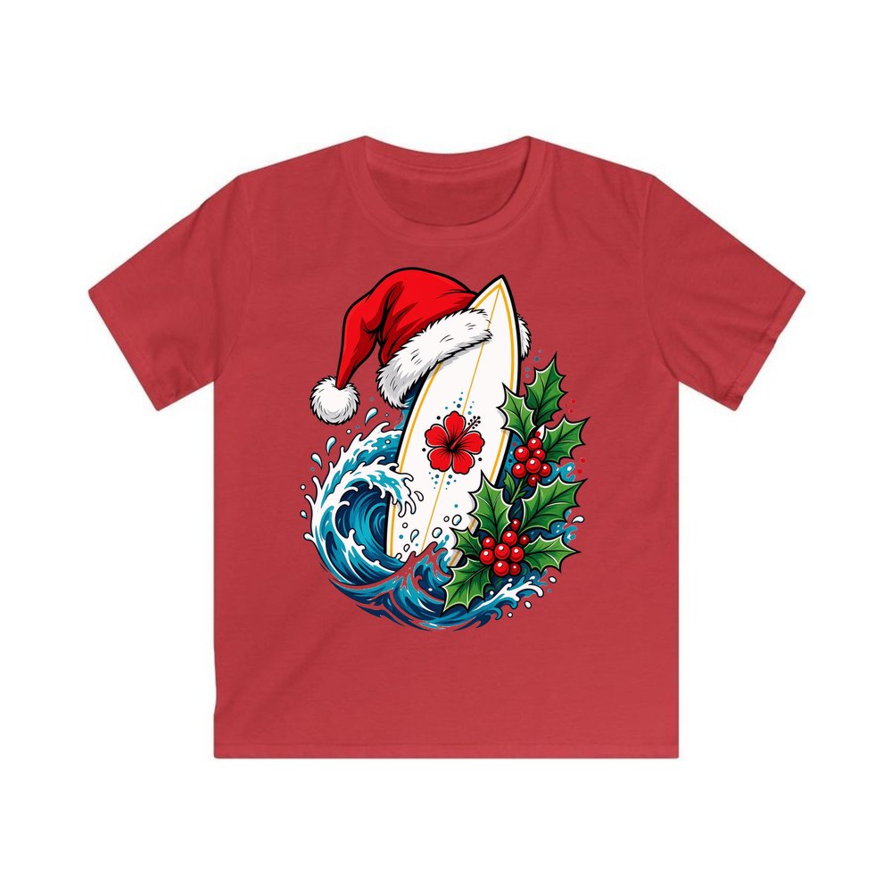 Surfboard in a Santa Hat personalised kids Christmas tee in red