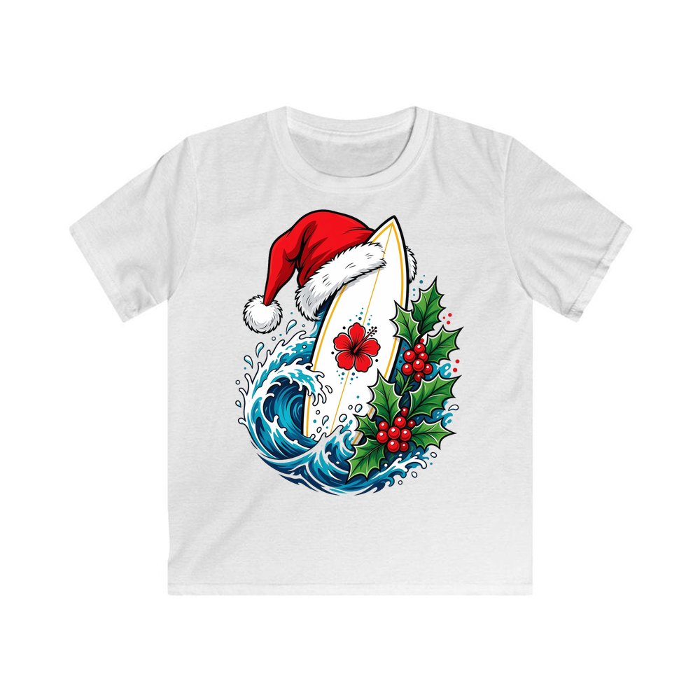 Surfboard in a Santa Hat personalised kids Christmas tee in white