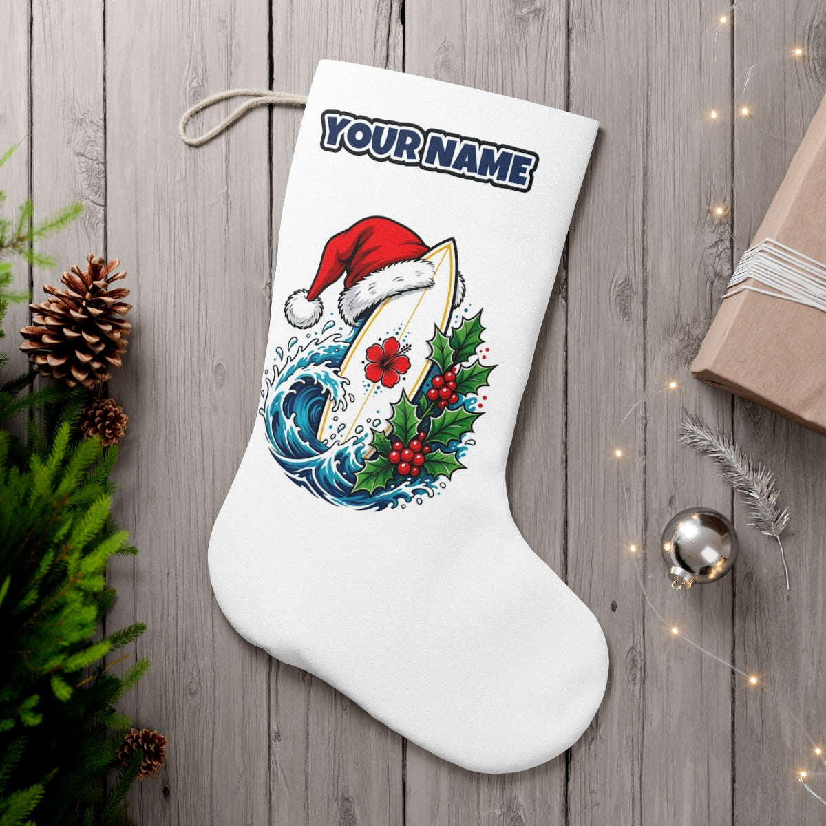 Surfboard in a Santa Hat personalised Christmas stocking, white, with the name across the top