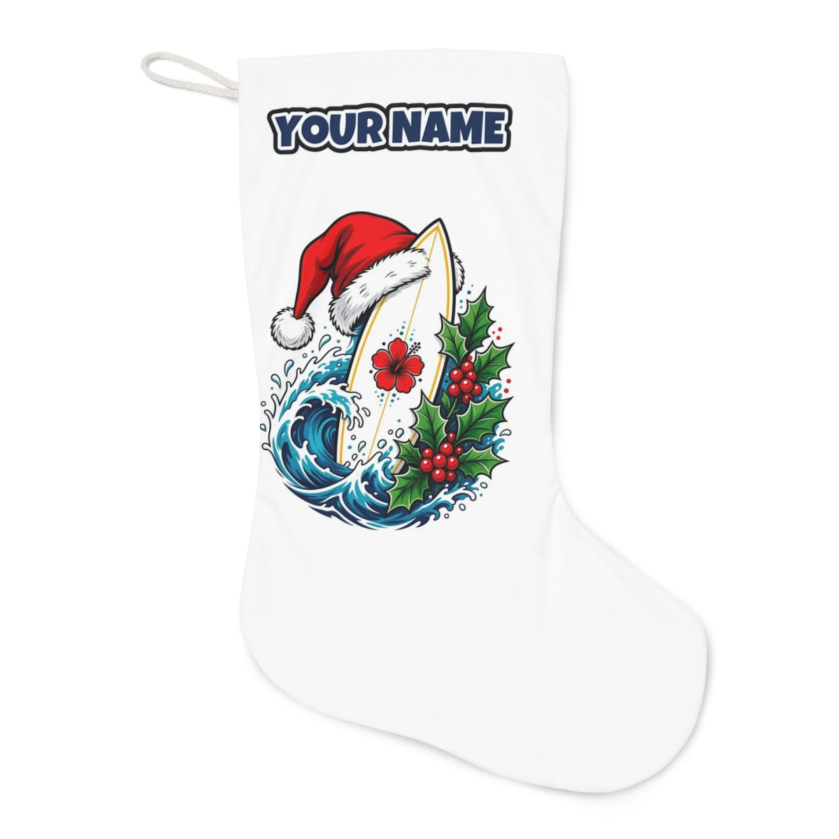 Surfboard in a Santa Hat Christmas stocking laid flat, showing the full print