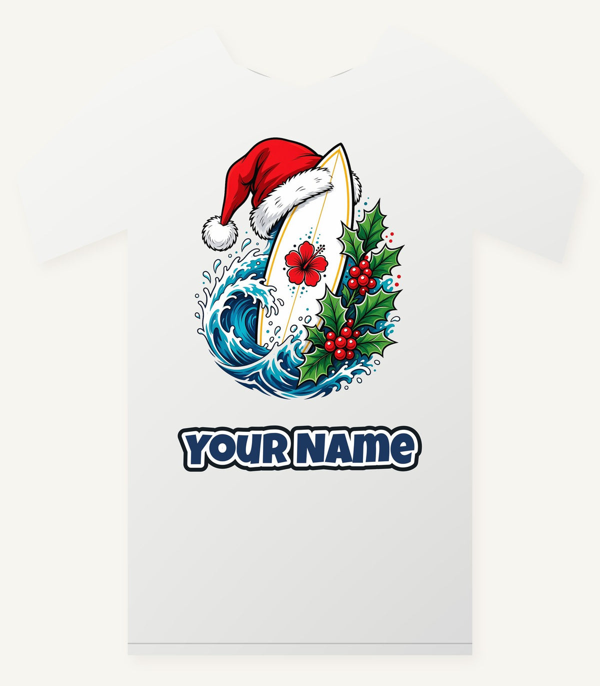 Surfboard in a Santa Hat Personalised Christmas T-Shirt and Hoodie