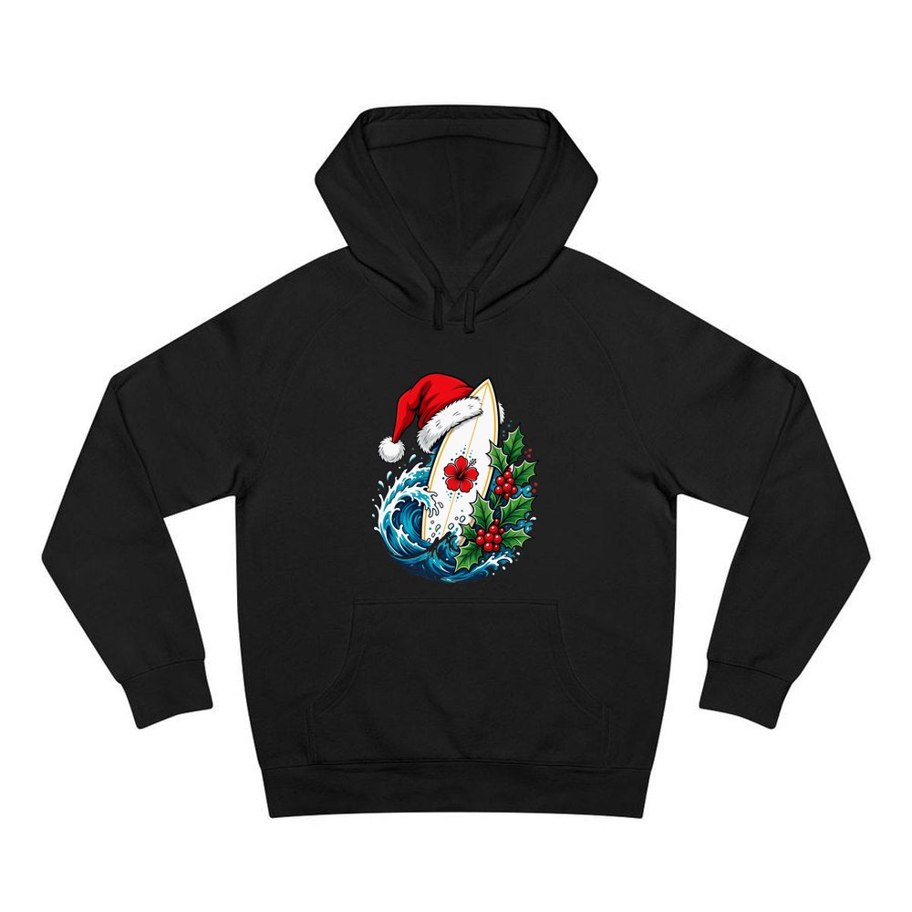 Surfboard in a Santa Hat personalised Christmas hoodie in black
