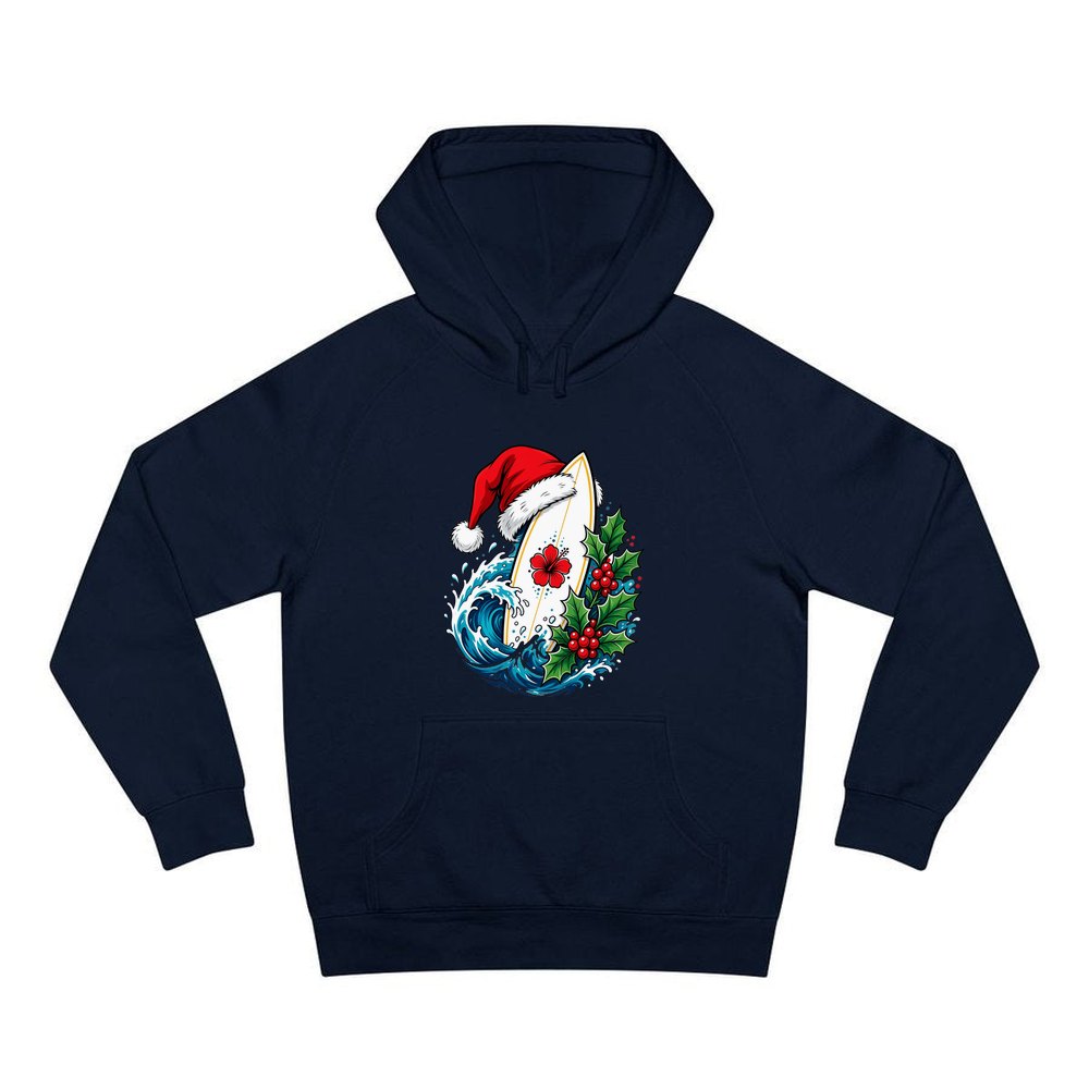 Surfboard in a Santa Hat personalised Christmas hoodie in navy