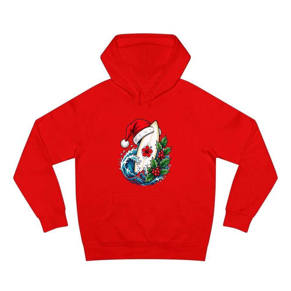Surfboard in a Santa Hat personalised Christmas hoodie in red