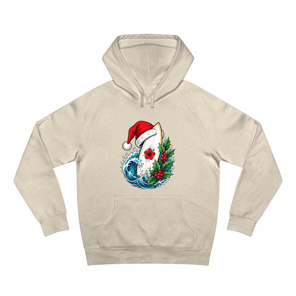 Surfboard in a Santa Hat personalised Christmas hoodie in sand