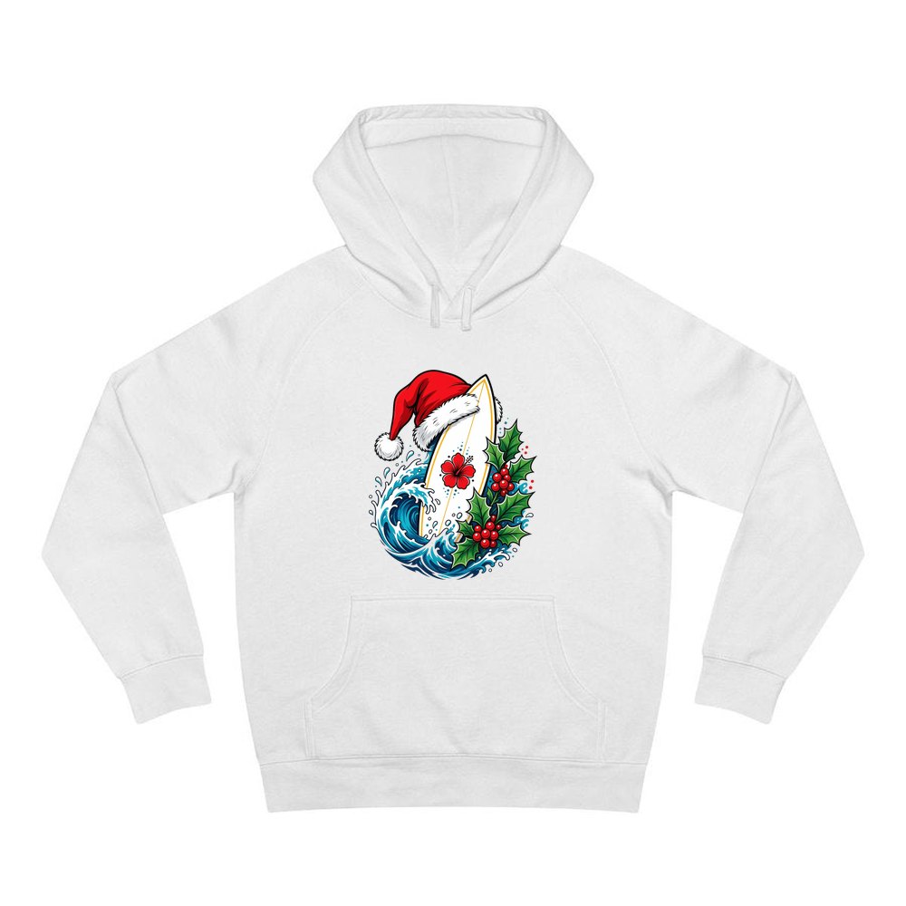 Surfboard in a Santa Hat personalised Christmas hoodie in white