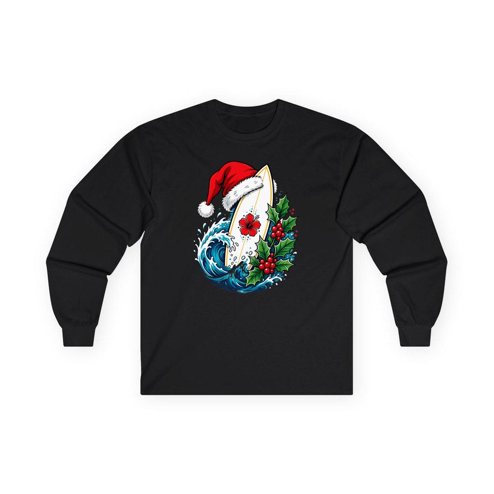 Surfboard in a Santa Hat personalised long sleeve Christmas T-shirt in black