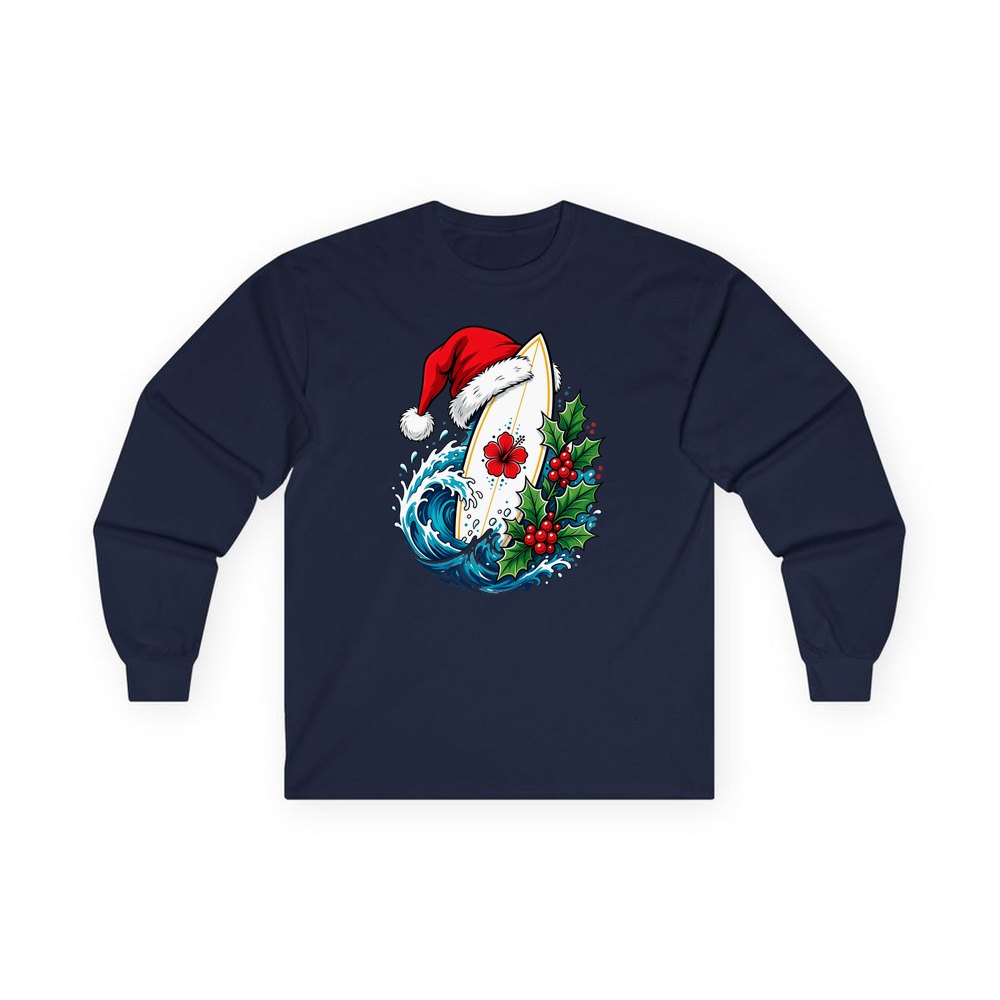 Surfboard in a Santa Hat personalised long sleeve Christmas T-shirt in navy