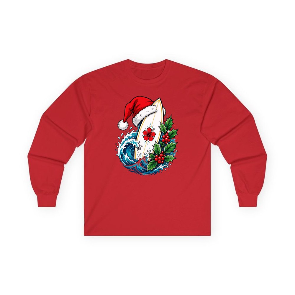 Surfboard in a Santa Hat personalised long sleeve Christmas T-shirt in red