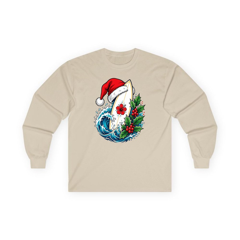 Surfboard in a Santa Hat personalised long sleeve Christmas T-shirt in sand