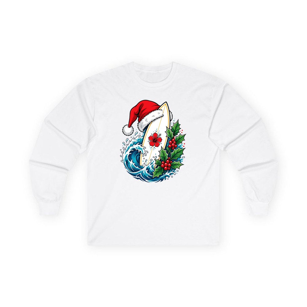 Surfboard in a Santa Hat personalised long sleeve Christmas T-shirt in white