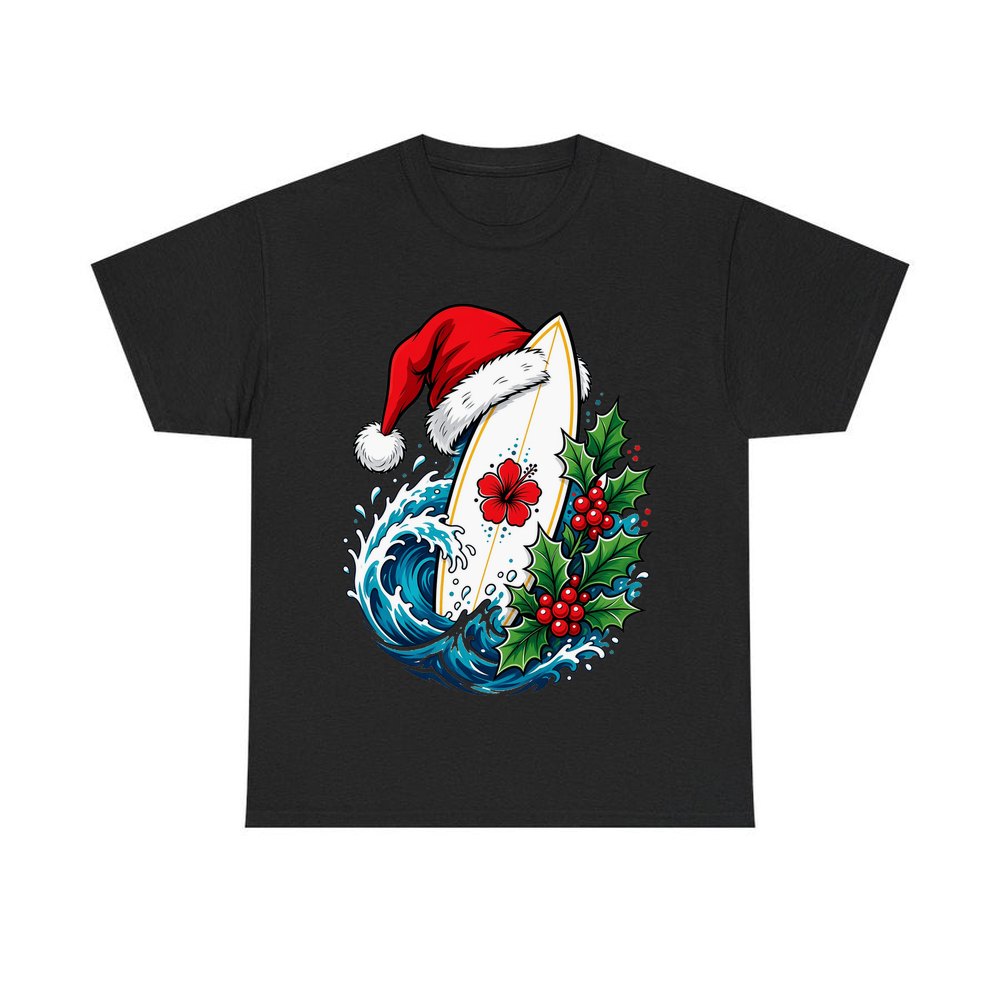 Surfboard in a Santa Hat personalised Christmas T-shirt in black