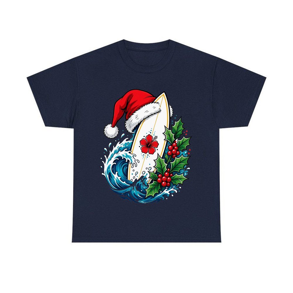 Surfboard in a Santa Hat personalised Christmas T-shirt in navy