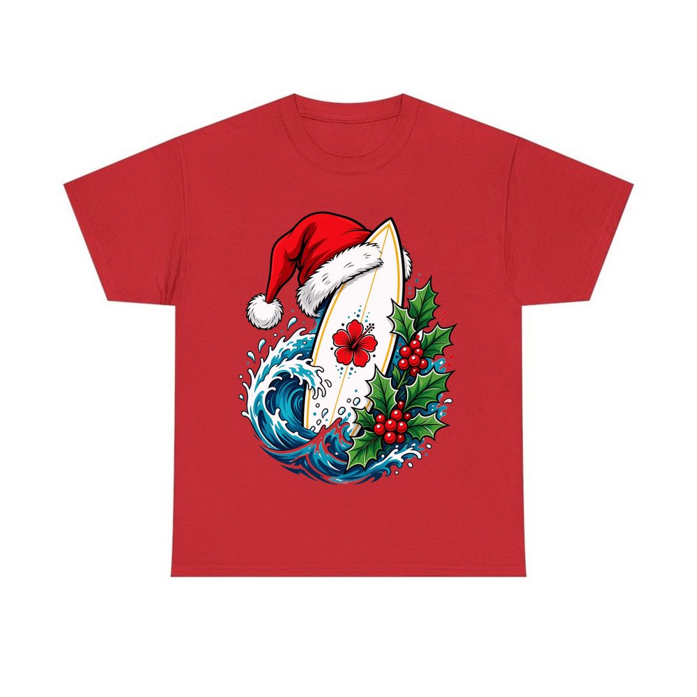 Surfboard in a Santa Hat personalised Christmas T-shirt in red