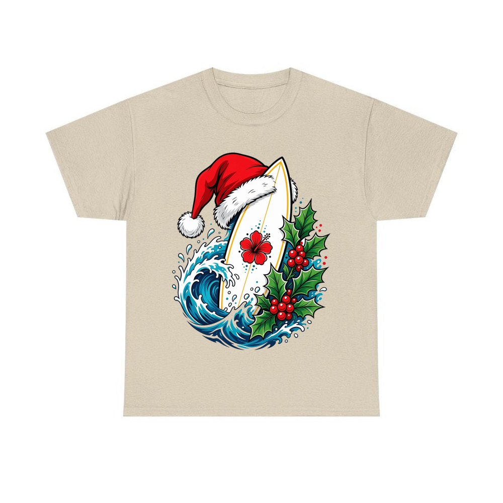 Surfboard in a Santa Hat personalised Christmas T-shirt in sand