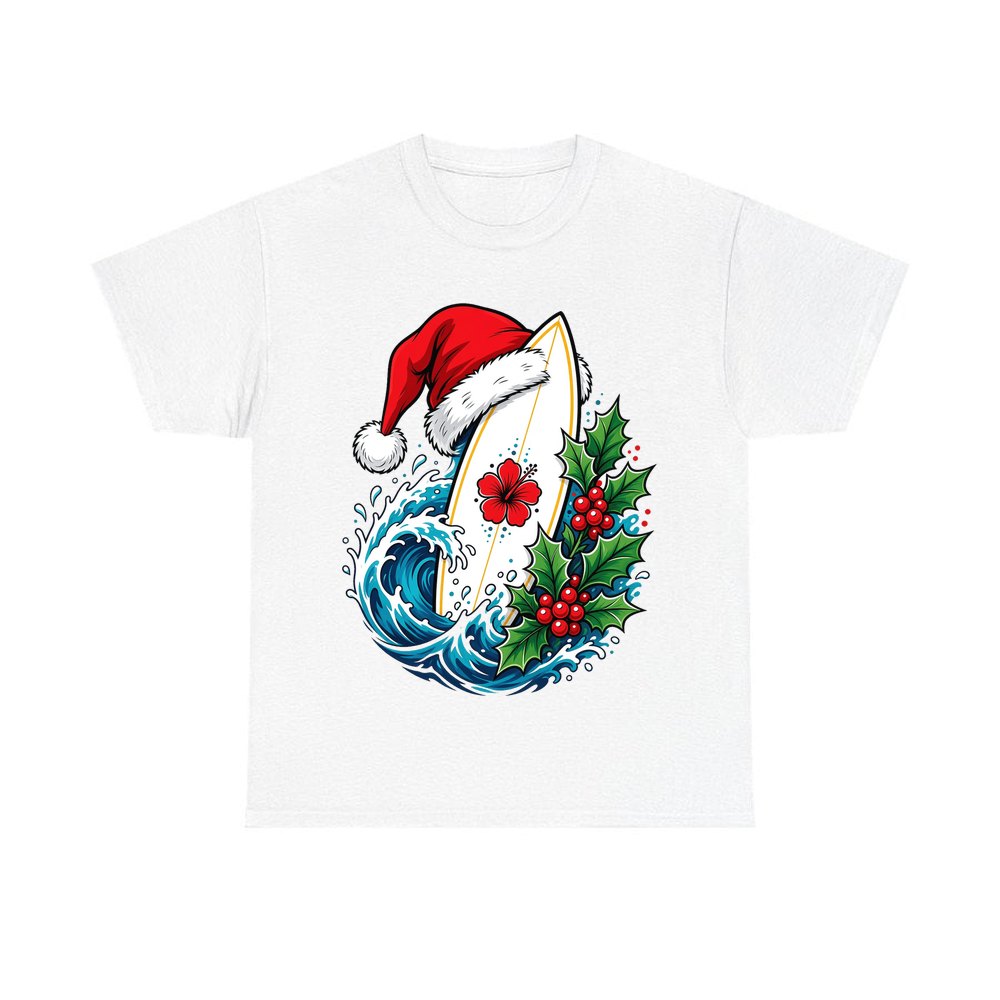 Surfboard in a Santa Hat personalised Christmas T-shirt in white
