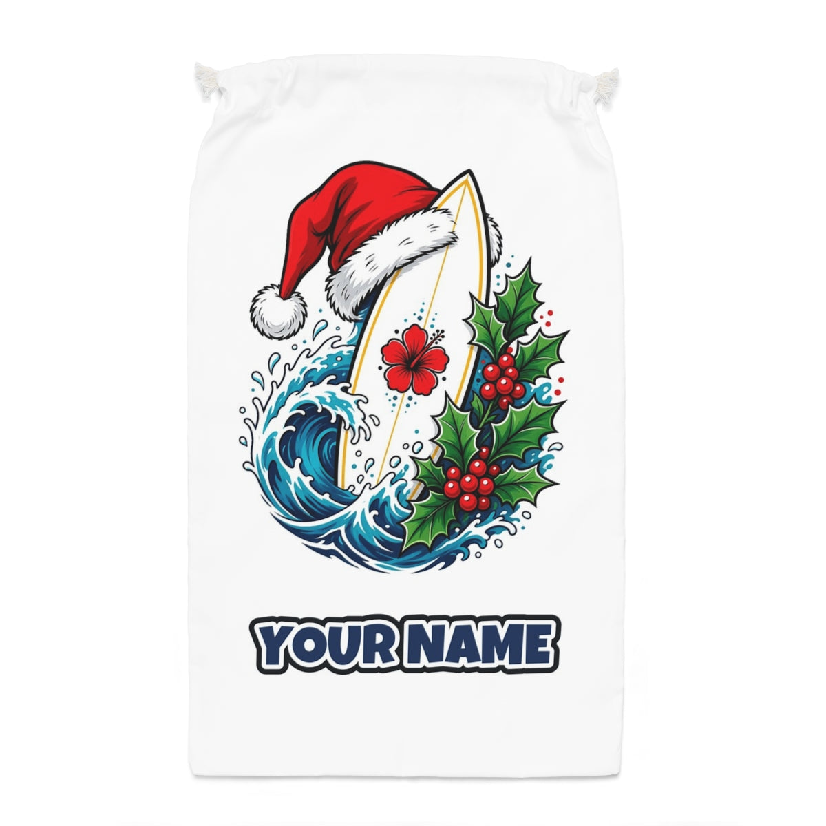 Surfboard in a Santa Hat Santa sack laid flat, showing the full print