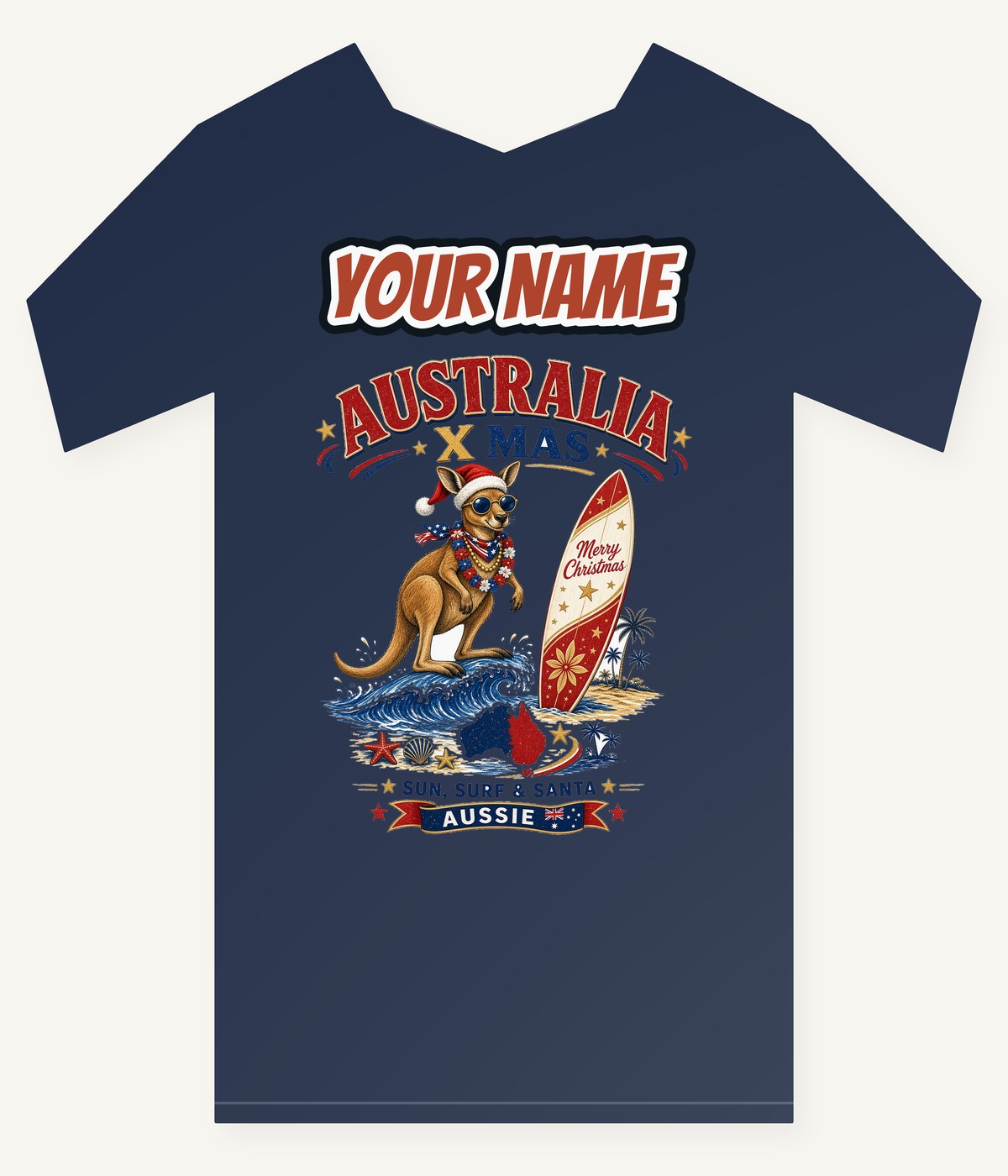 Surfing Kangaroo Christmas Personalised Kids and Baby Christmas Tee